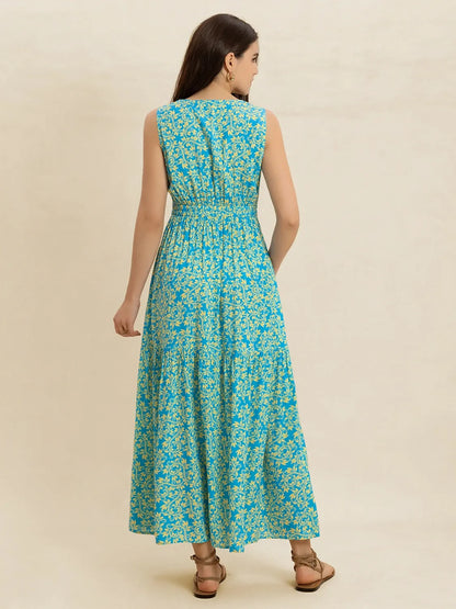 Slit Printed V-Neck Sleeveless Dress -