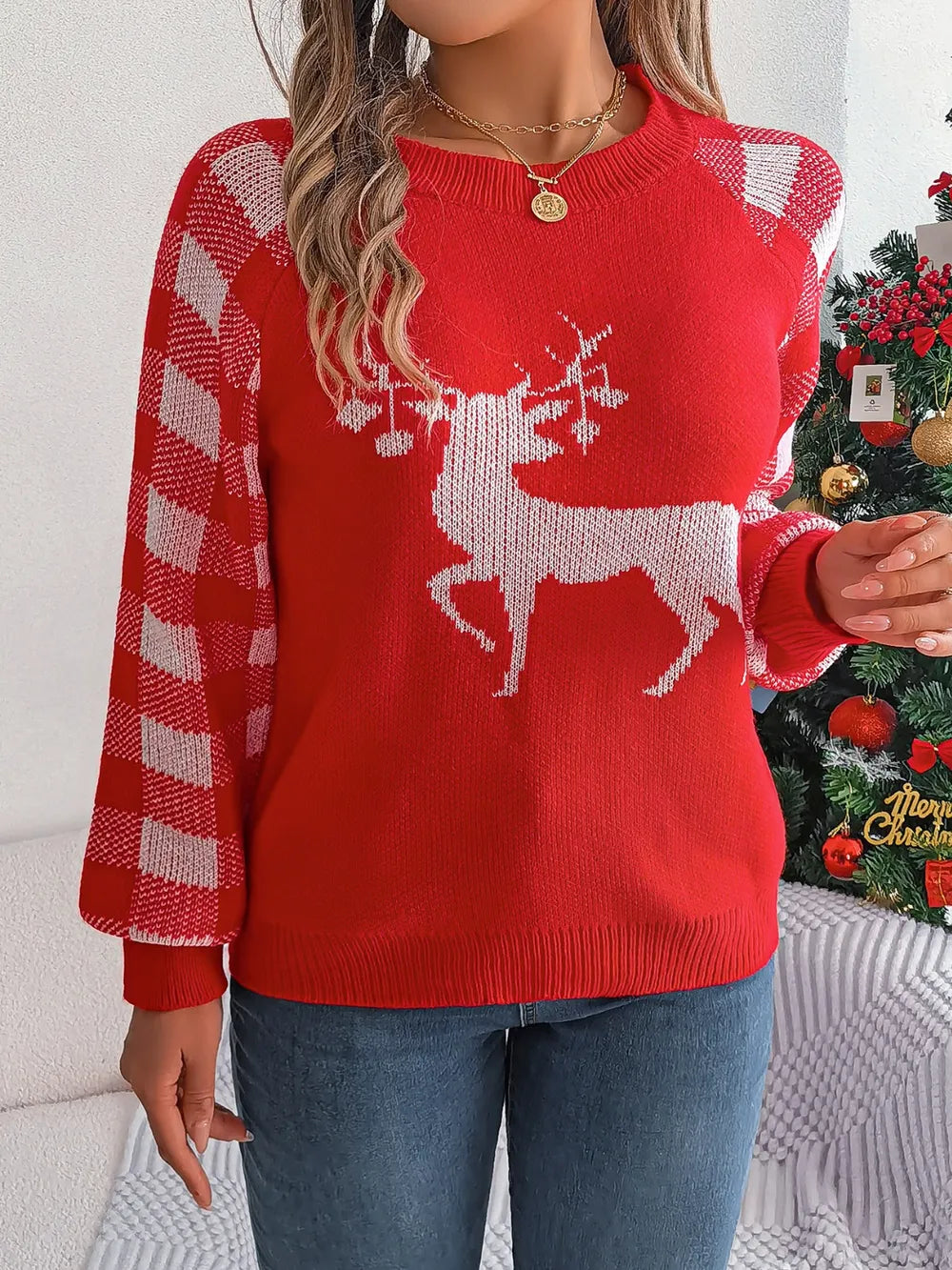Reindeer Plaid Long Sleeve Sweater - Orange-Red