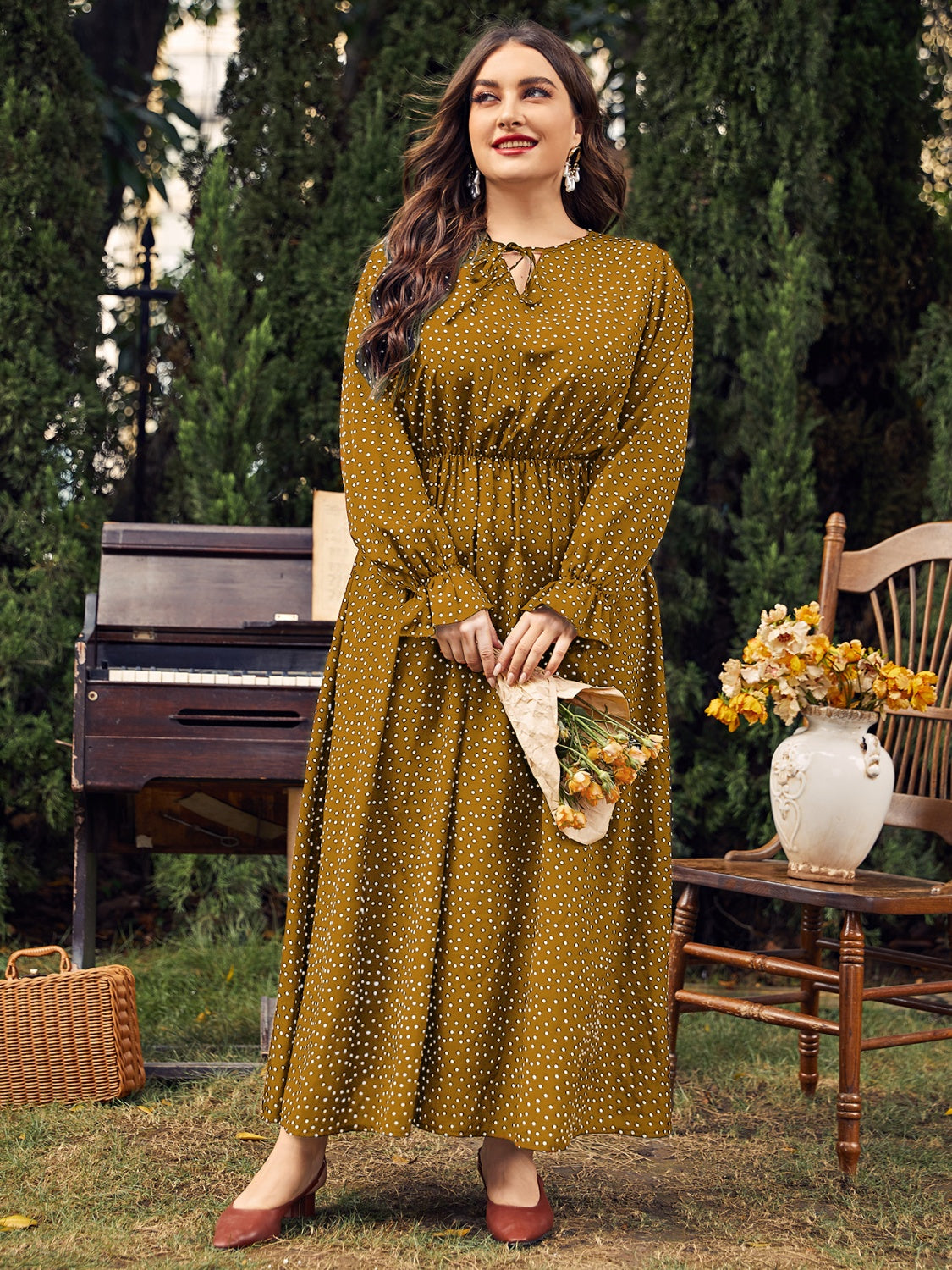 Plus Size Ruffled Polka Dot Long Sleeve Midi Dress - Olive