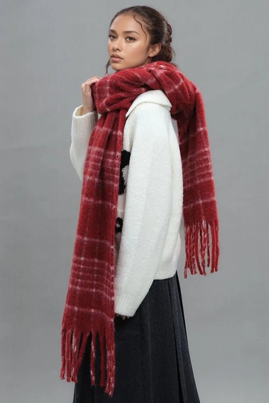 Fringe Plaid Thermal Scarf - Deep Red One Size