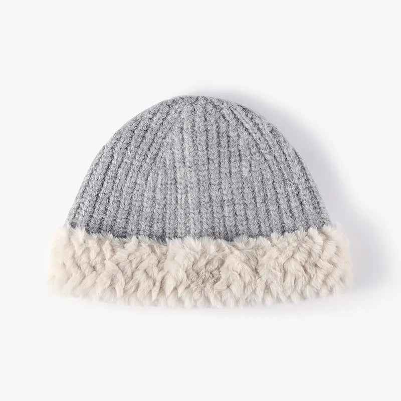 Fuzzy Hem Knit Hat - Light Gray One Size