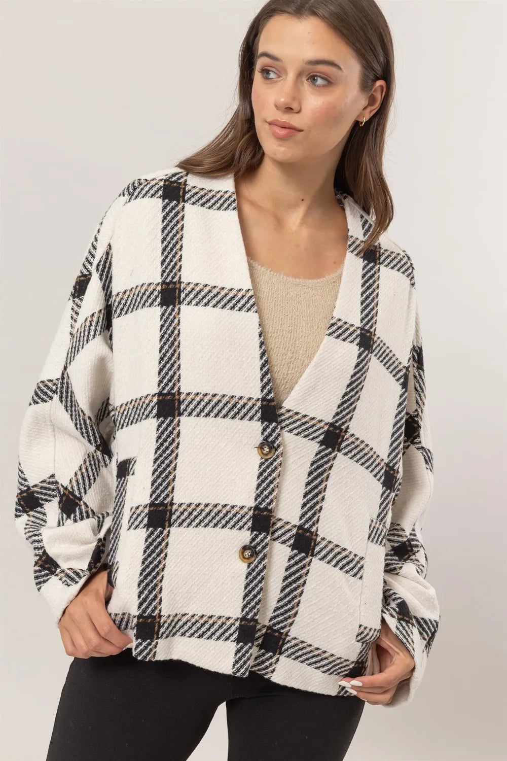 Plaid Long Sleeve Jacket - Cream