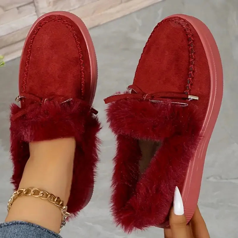 Bow Furry Round Toe Flat Slip-Ons - Burgundy