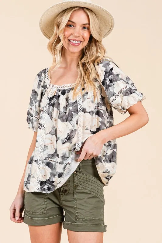 Floral Print Lace Trim Puff Sleeve Blouse - Black