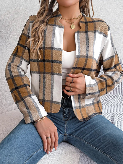 Plaid Open Front Long Sleeve Jacket -
