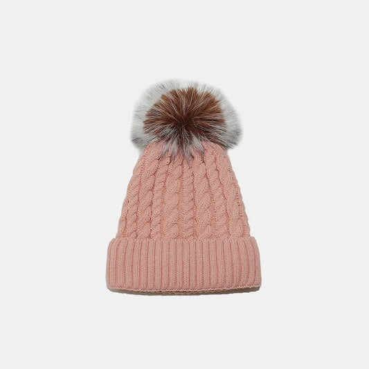 Cable Knit Winter Hat with Pompom - Dusty Pink One Size