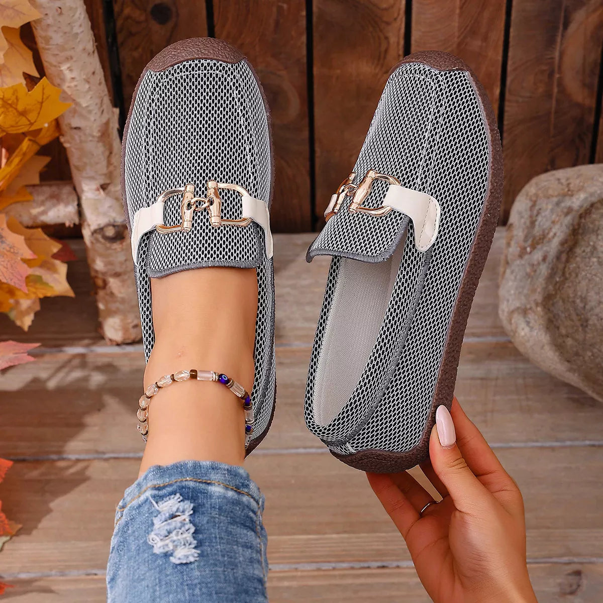 Round Toe Flat Slip-Ons - Black Gray