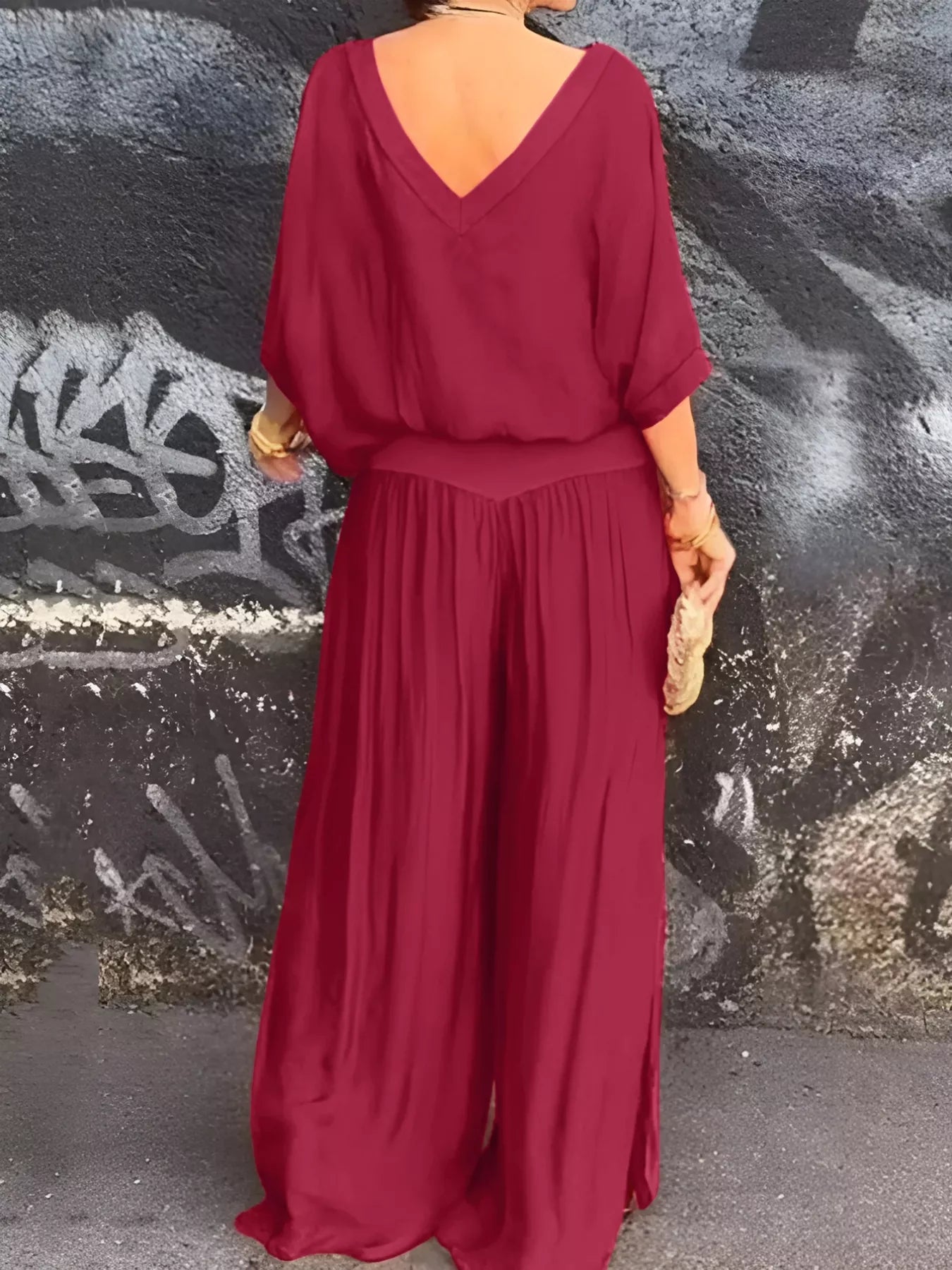 V-Neck Top and Wide Leg Pants Two-Piece Set -