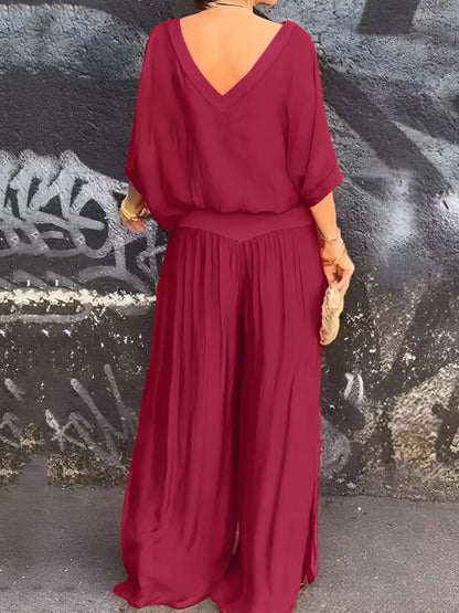 V-Neck Top and Wide Leg Pants Two-Piece Set -
