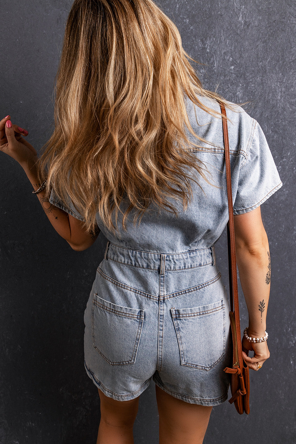 Collared Neck Short Sleeve Denim Romper - Light