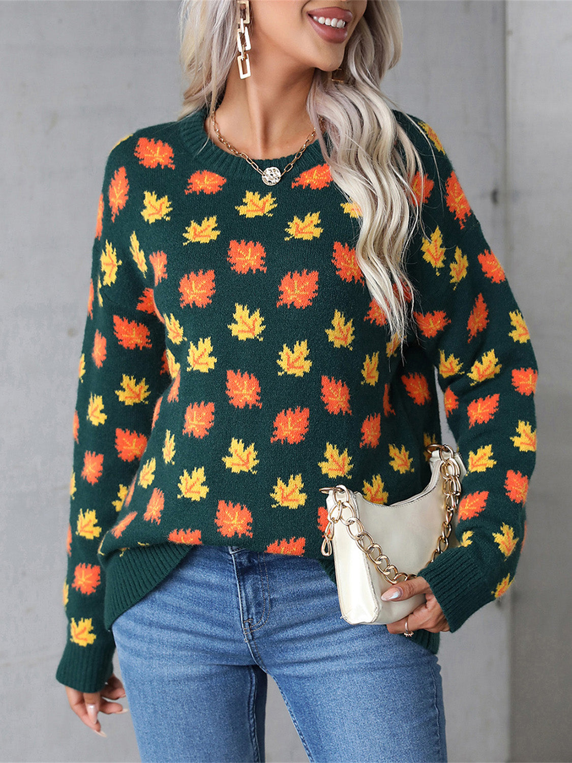 Maple Leaf Round Neck Long Sleeve Sweater - Dark Green