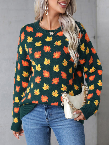 Maple Leaf Round Neck Long Sleeve Sweater