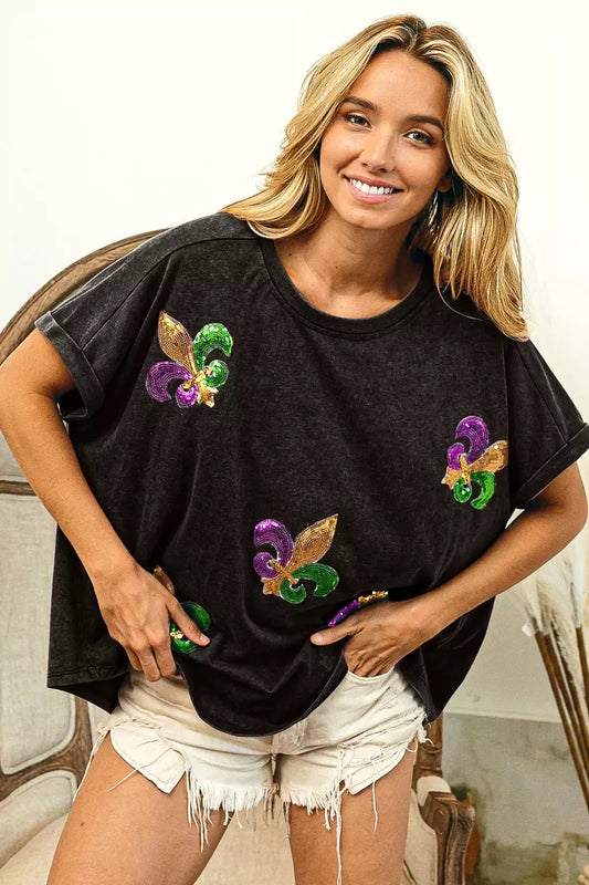 Fleur De Lis Sequin Patches Mardi Gras Sleeve Top -