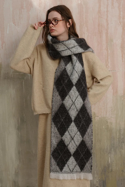 Fringe Argyle Polyester Scarf - Black One Size
