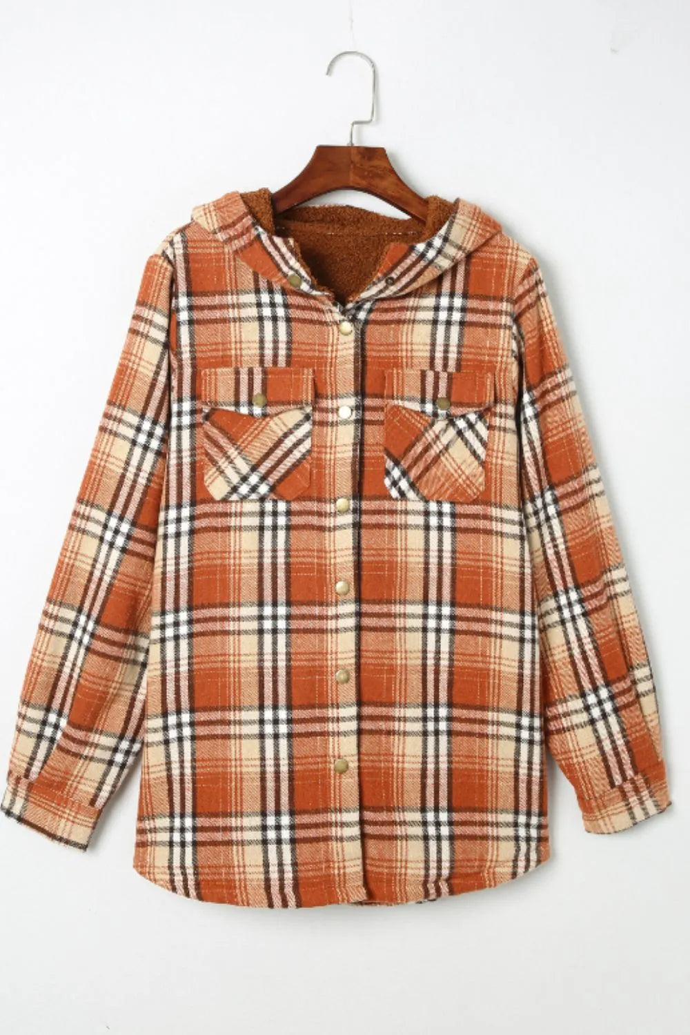 Plaid Button Up Long Sleeve Hooded Jacket -