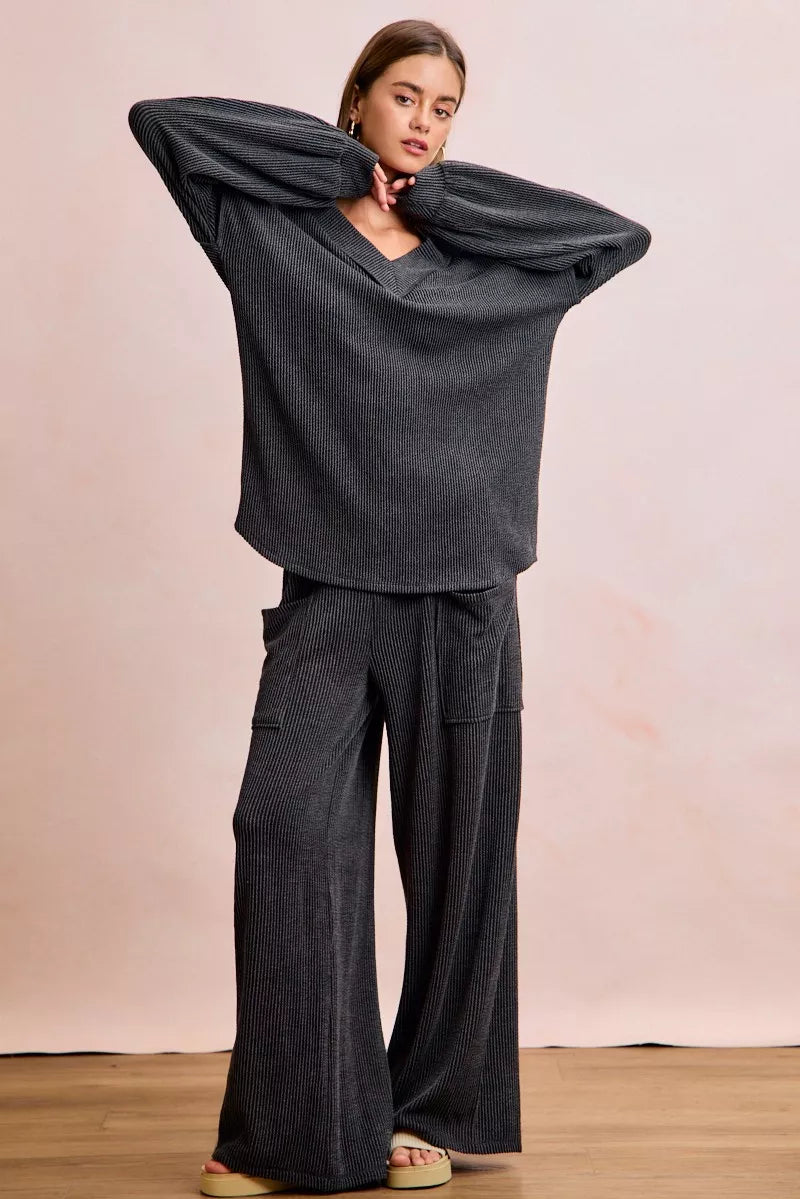 Two Tone Cord Rib V-Neck Top and Pants Set -