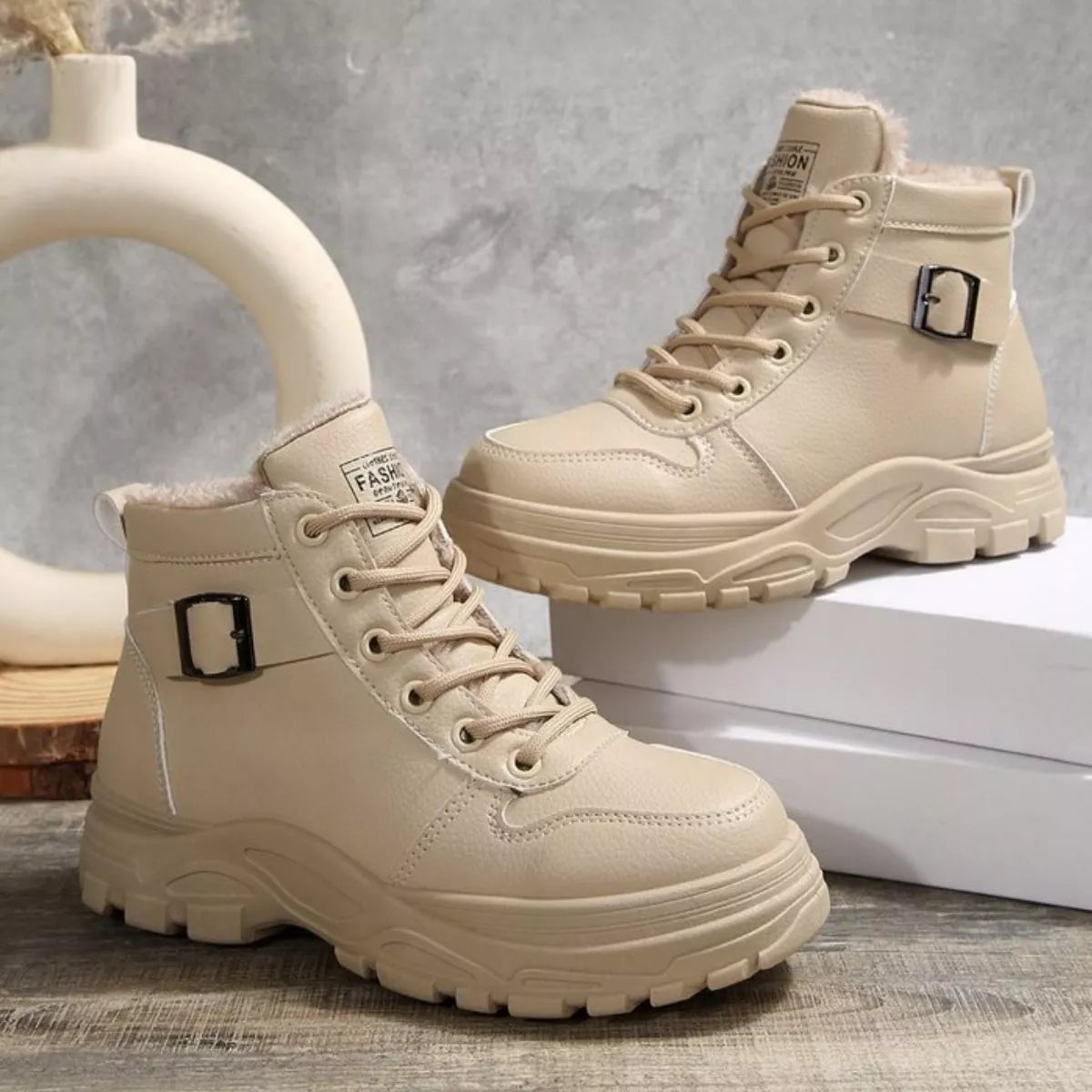 Warm Lined Ankle Boots with Buckle Detail - Beige
