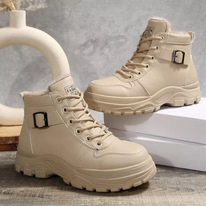 Warm Lined Ankle Boots with Buckle Detail - Beige