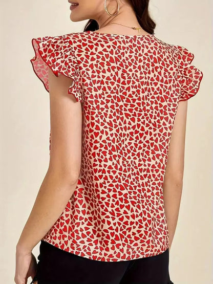 Floral Print Ruffle Sleeve V-Neck Blouse - Red
