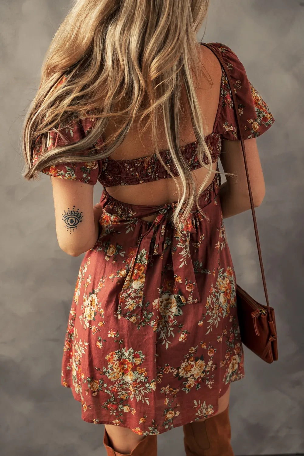 Floral Puff Sleeve Knot Open Back Mini Dress -