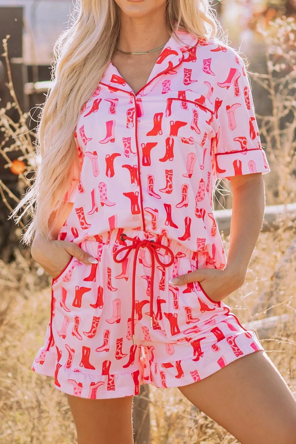 Cowgirl Boots Printed Shirt and Shorts Set -