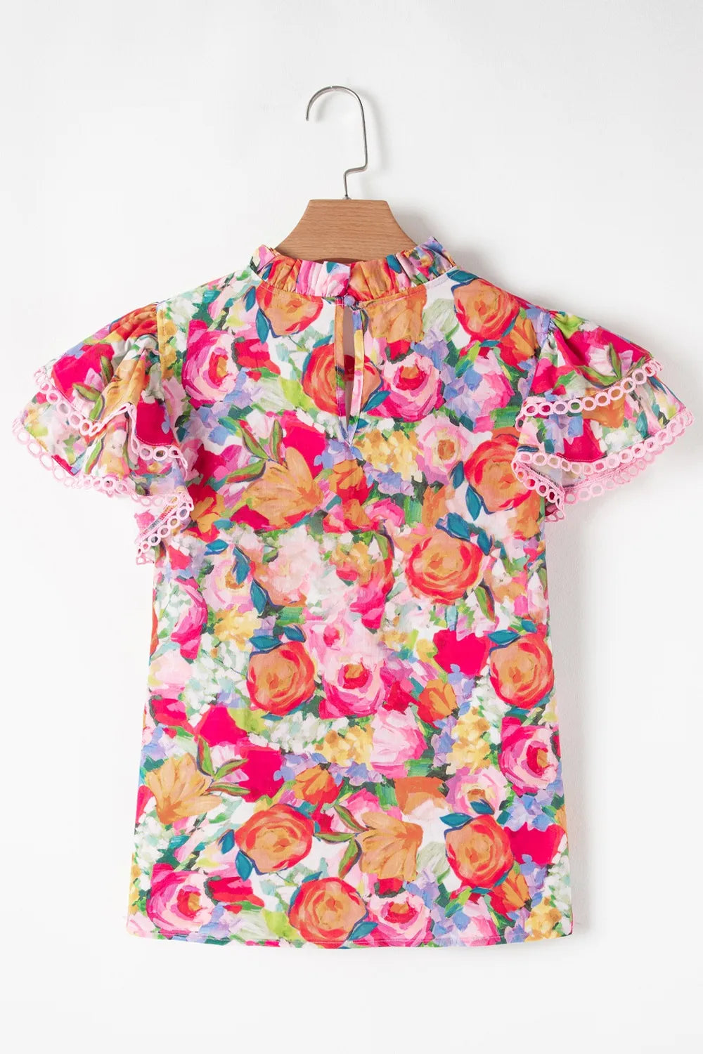 Lace Trim Ruffle Cap Sleeve Floral Blouse -