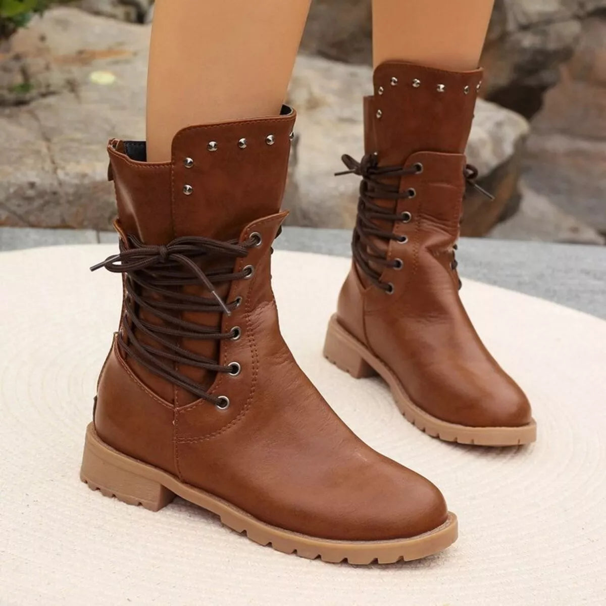 Studded Lace-Up Boots - Caramel
