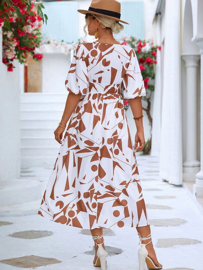 Printed Surplice Balloon Sleeve Dress | AdoreStarr