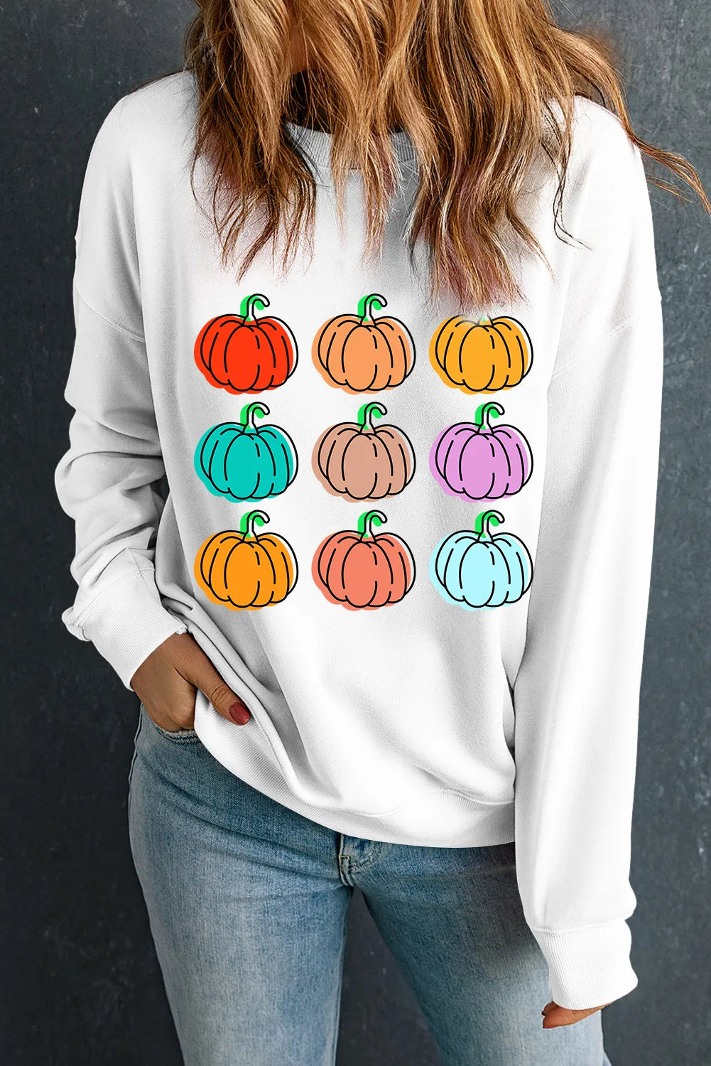 Pumpkin Graphic Long Sleeve Sweatshirt - White