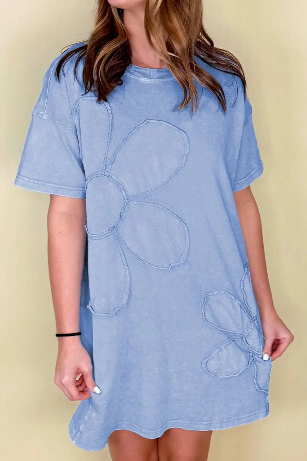 Floral Round Neck Short Sleeve T-Shirt Dress - Light Blue