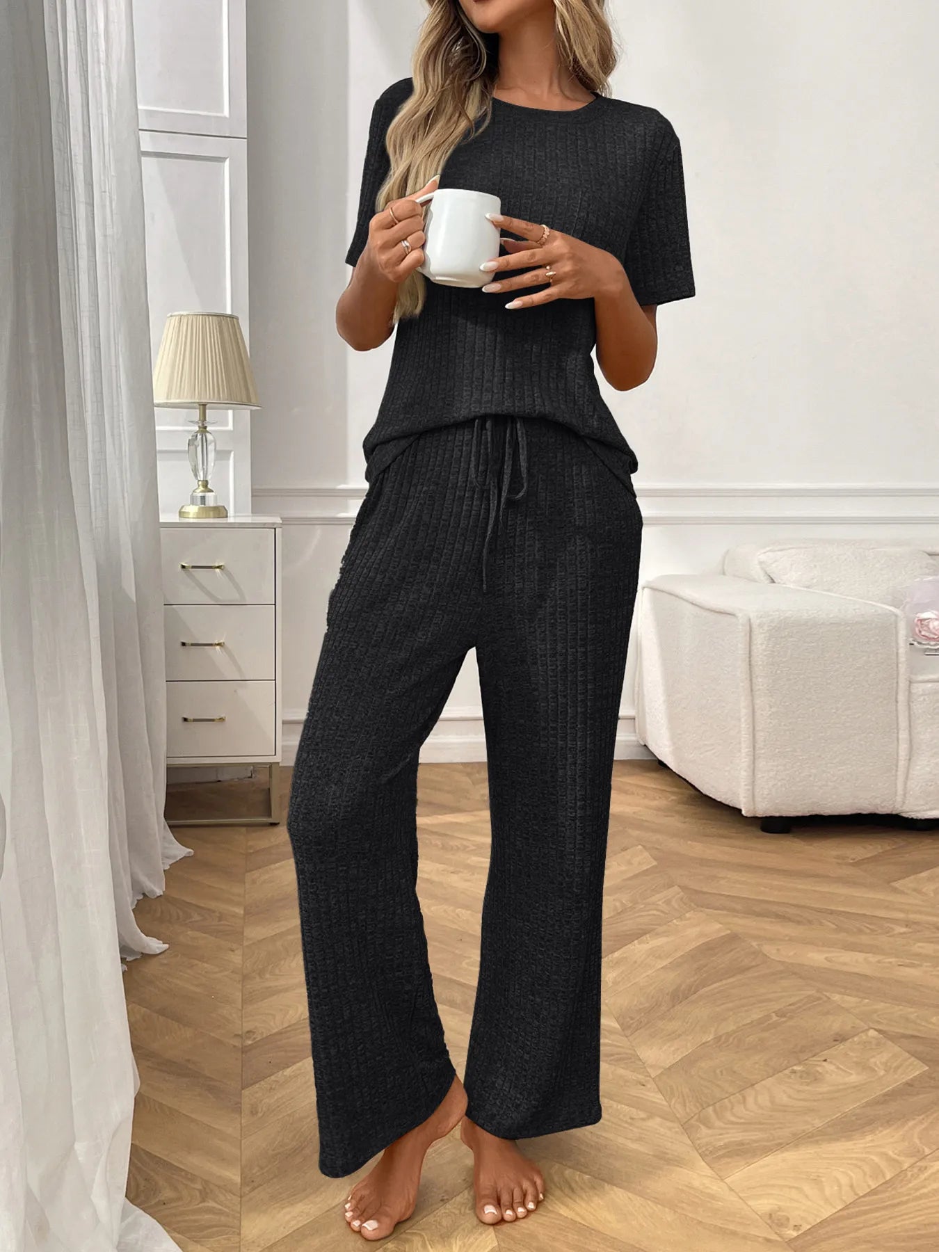 Ribbed Knit Short Sleeve Top and Pants Lounge Set -