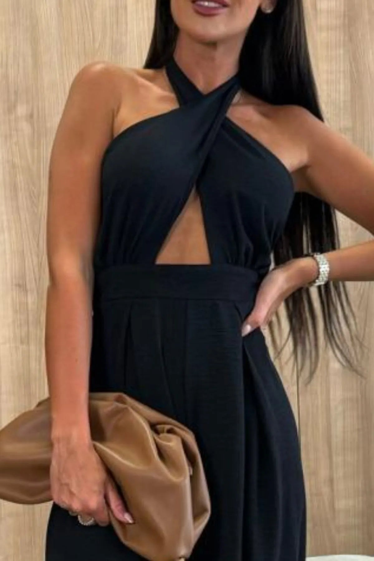 Halter Neck Wide Leg Jumpsuit - Black