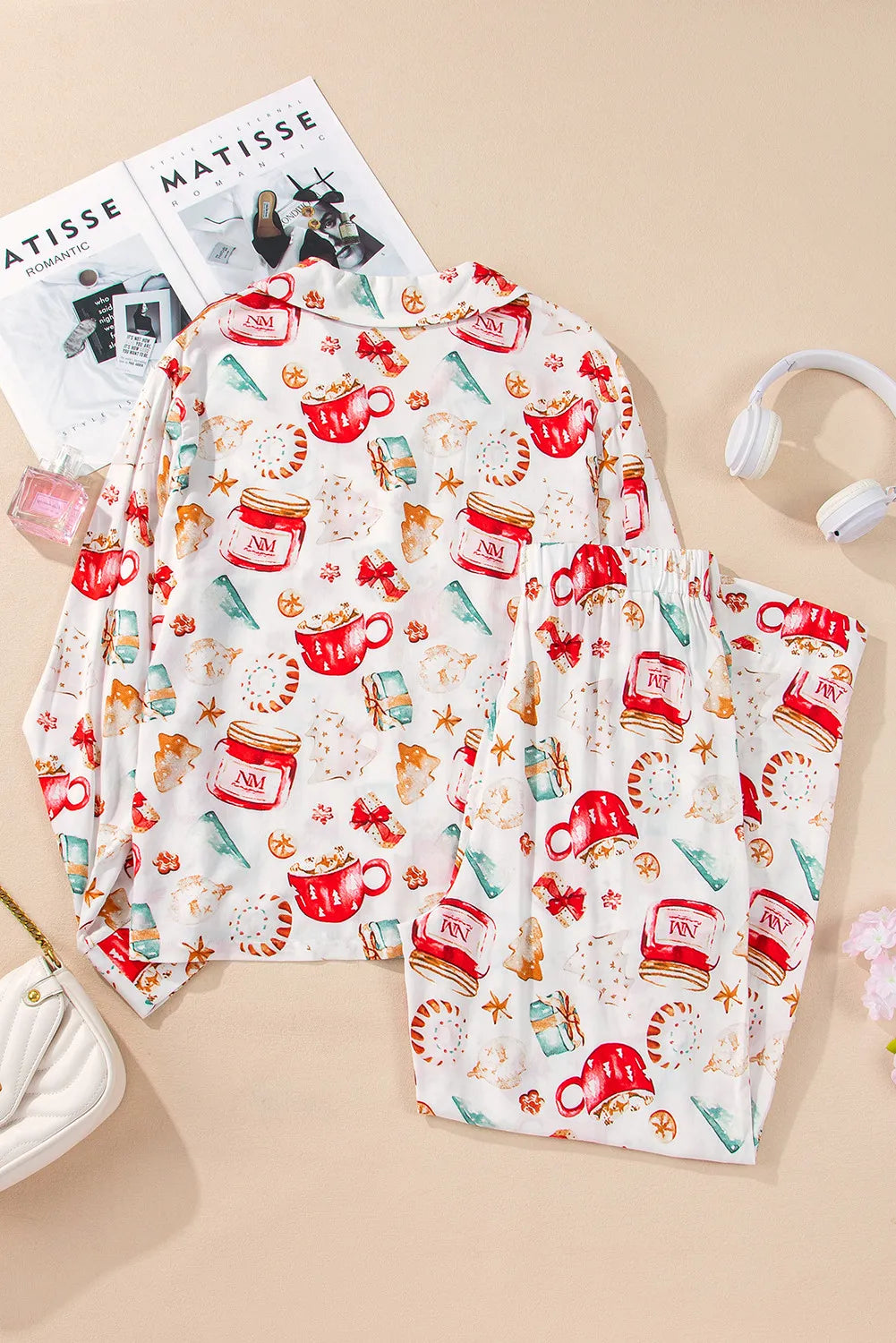 Printed Collared Neck Top and Pants Lounge Set -