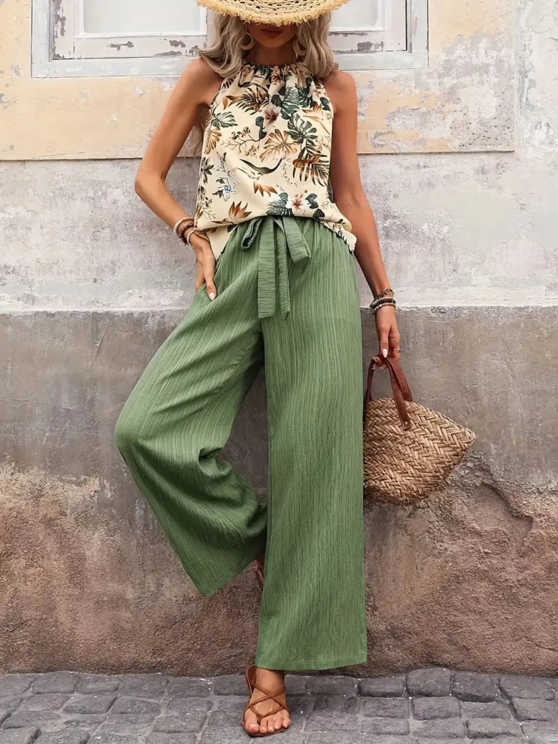 Printed Tank Top and Wide Leg Pants Set -