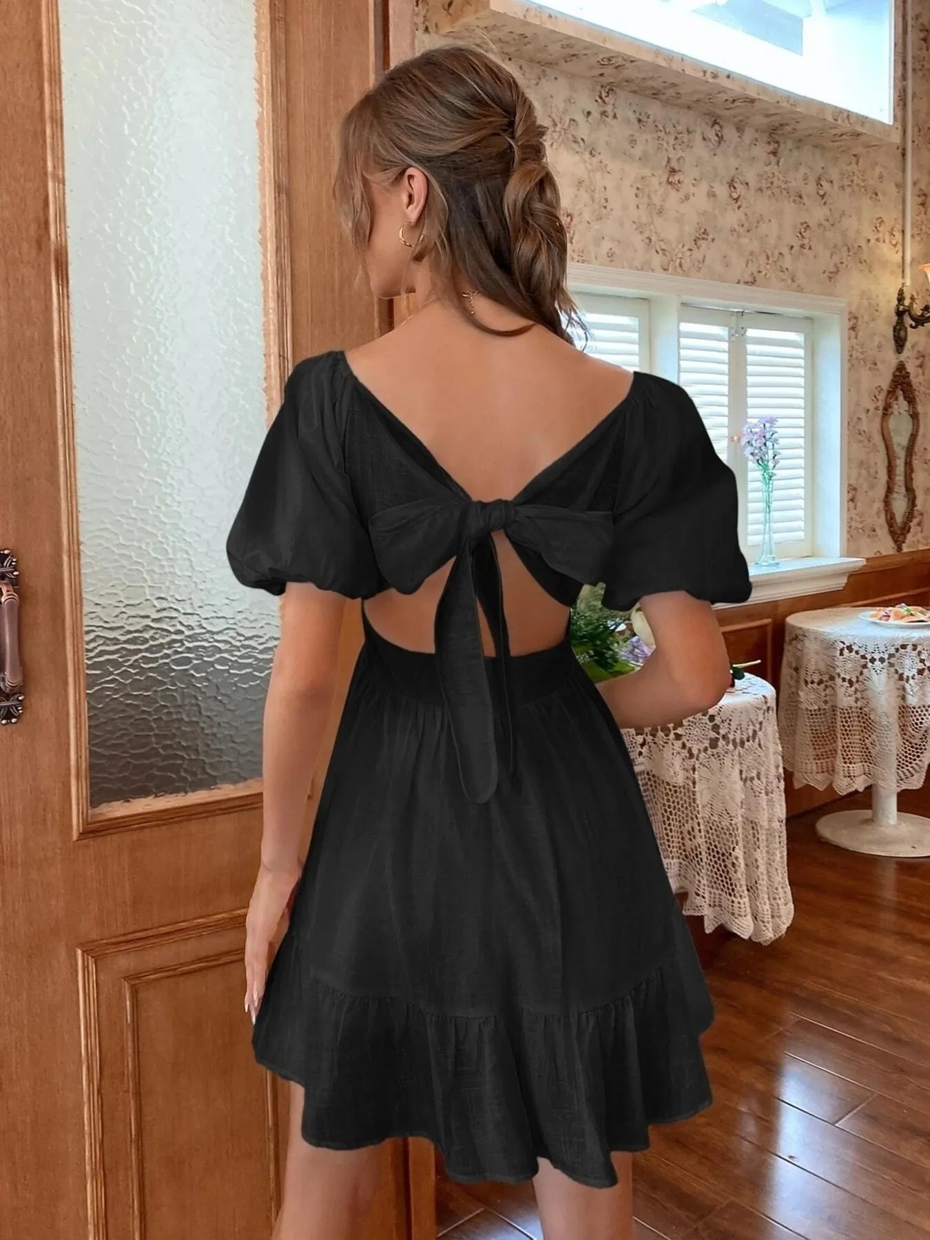 Square Neck Puff Sleeve Mini Dress -