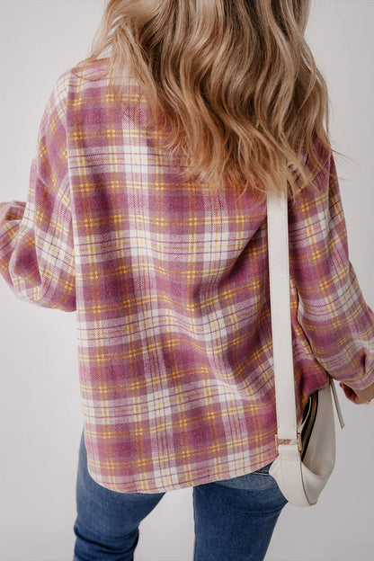 Plaid Collared Neck Button Up Shacket - Pink