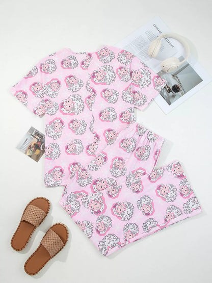 Santa Claus Print V-Neck Tee Drawstring Pants Lounge Set -