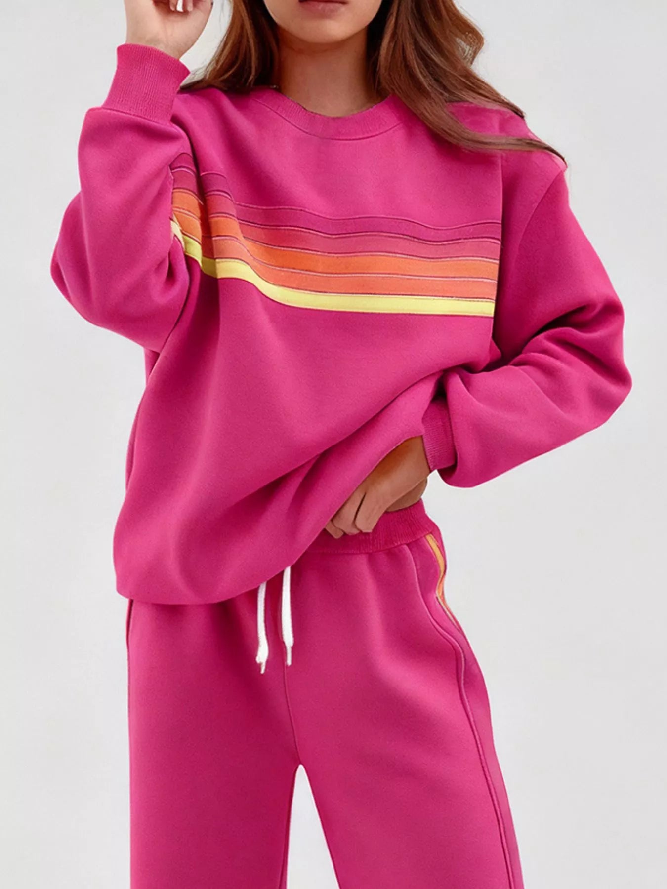Striped Round Neck Sweatshirt and Pants Set -