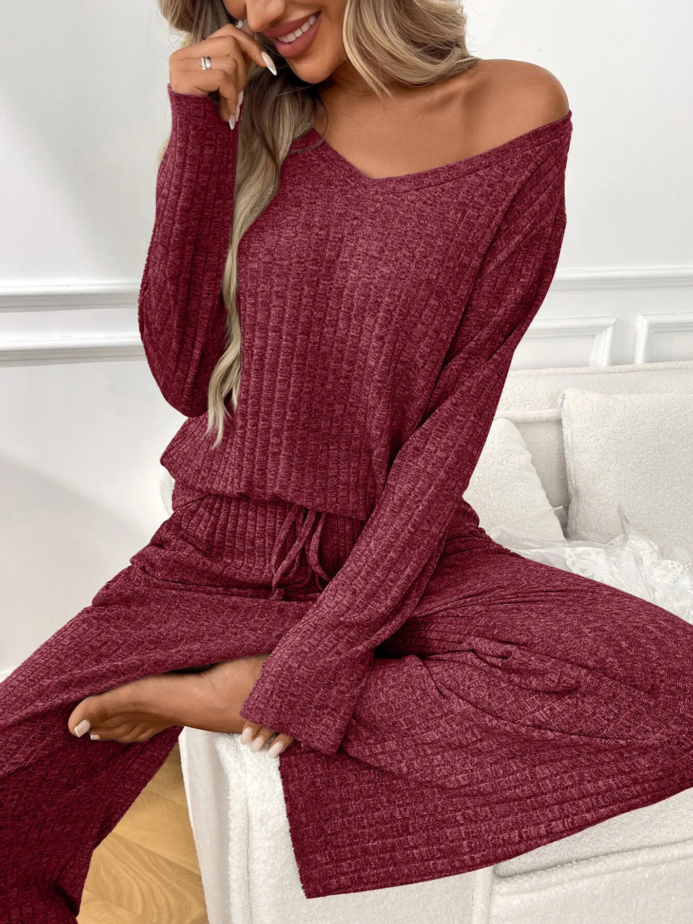Ribbed Long Sleeve Top and Pants Lounge Set -