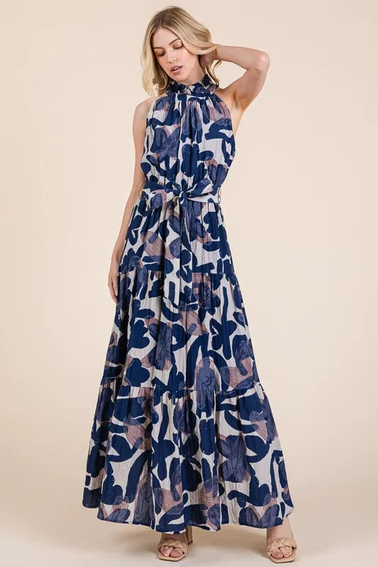 Abstract Halter Neck Tie-Waist Maxi Dress -