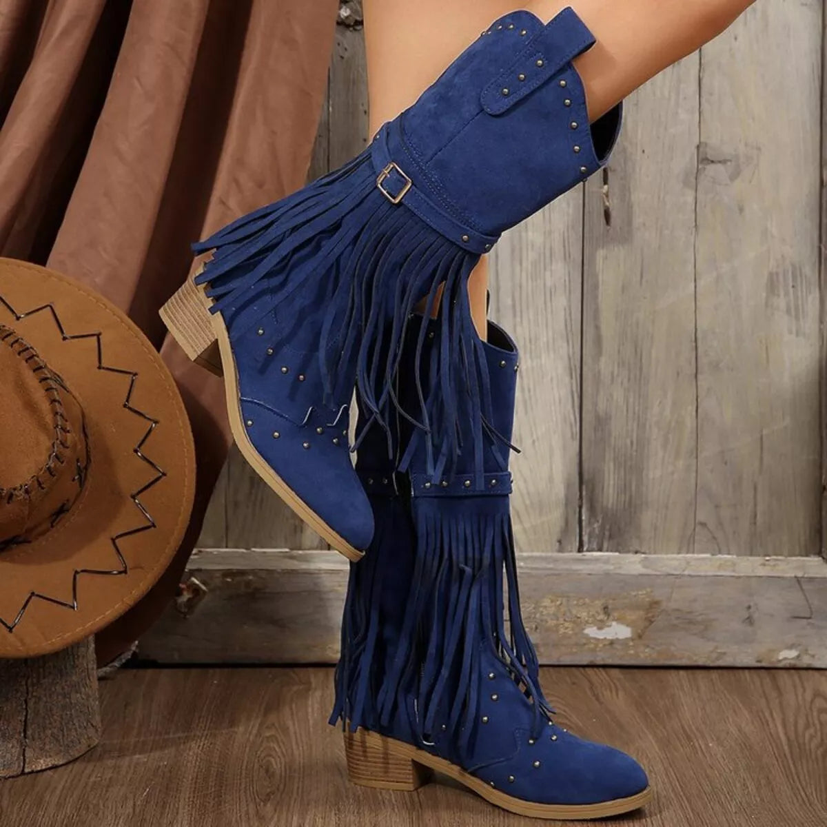 Fringe Point Toe Block Heels Boots - Navy