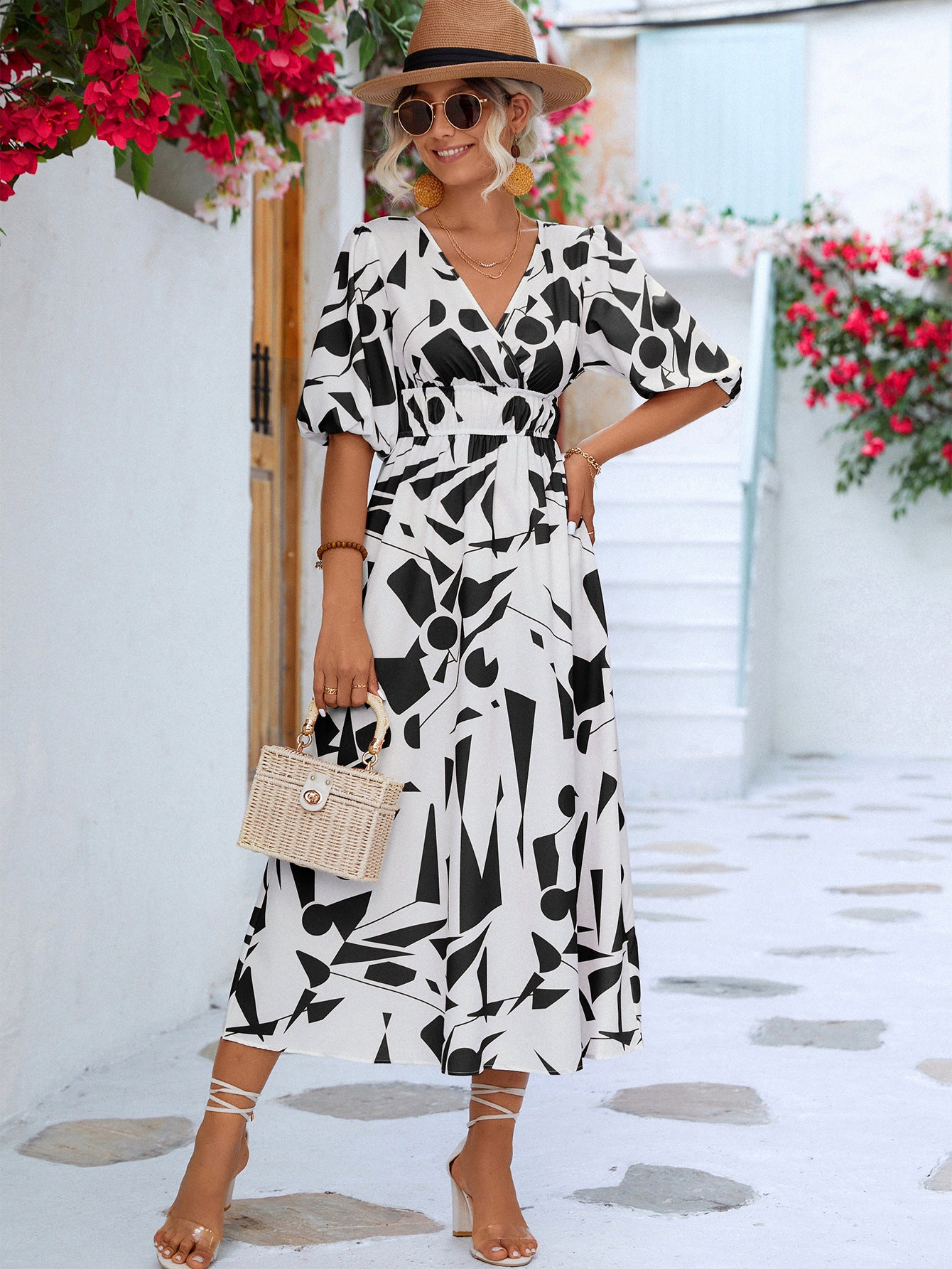 Printed Surplice Balloon Sleeve Dress | AdoreStarr