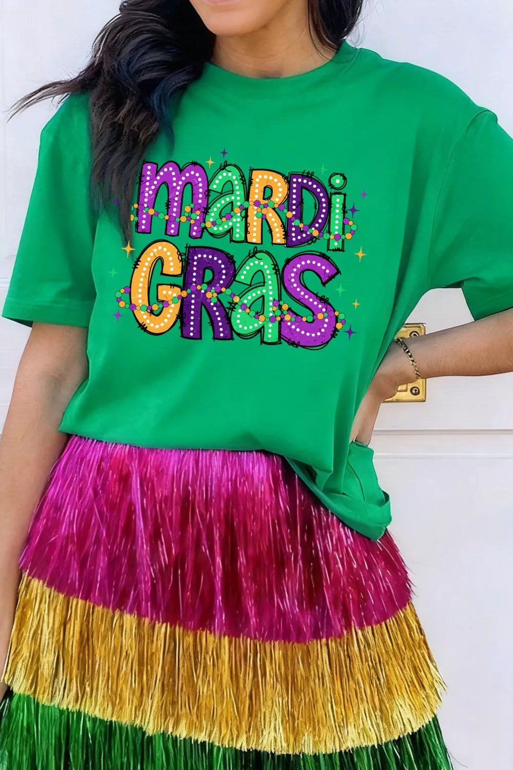 MARDI GRAS Delightful Letter Graphic T-Shirt - Green