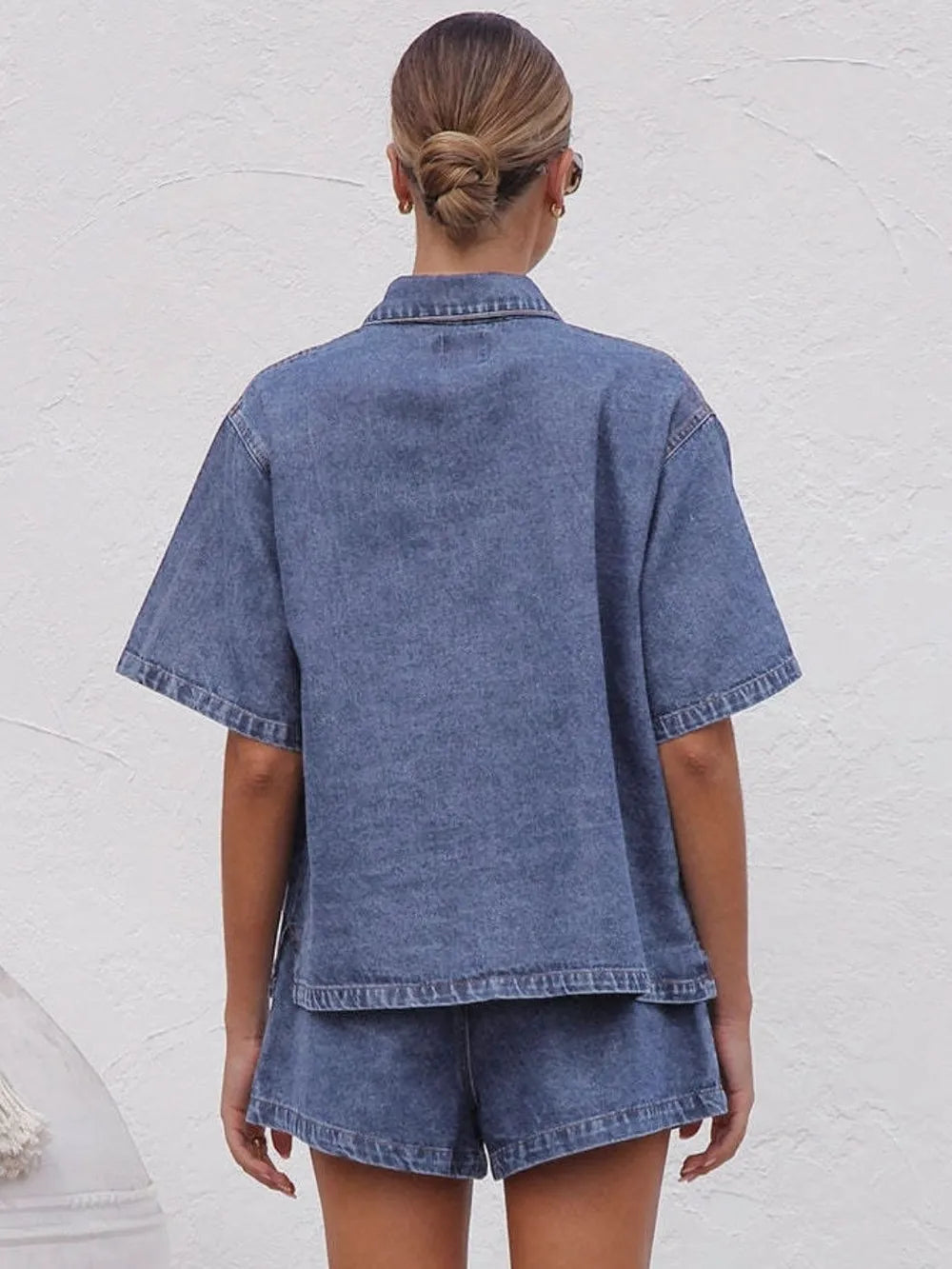 Collared Neck Button Up Top and Shorts Denim Set -
