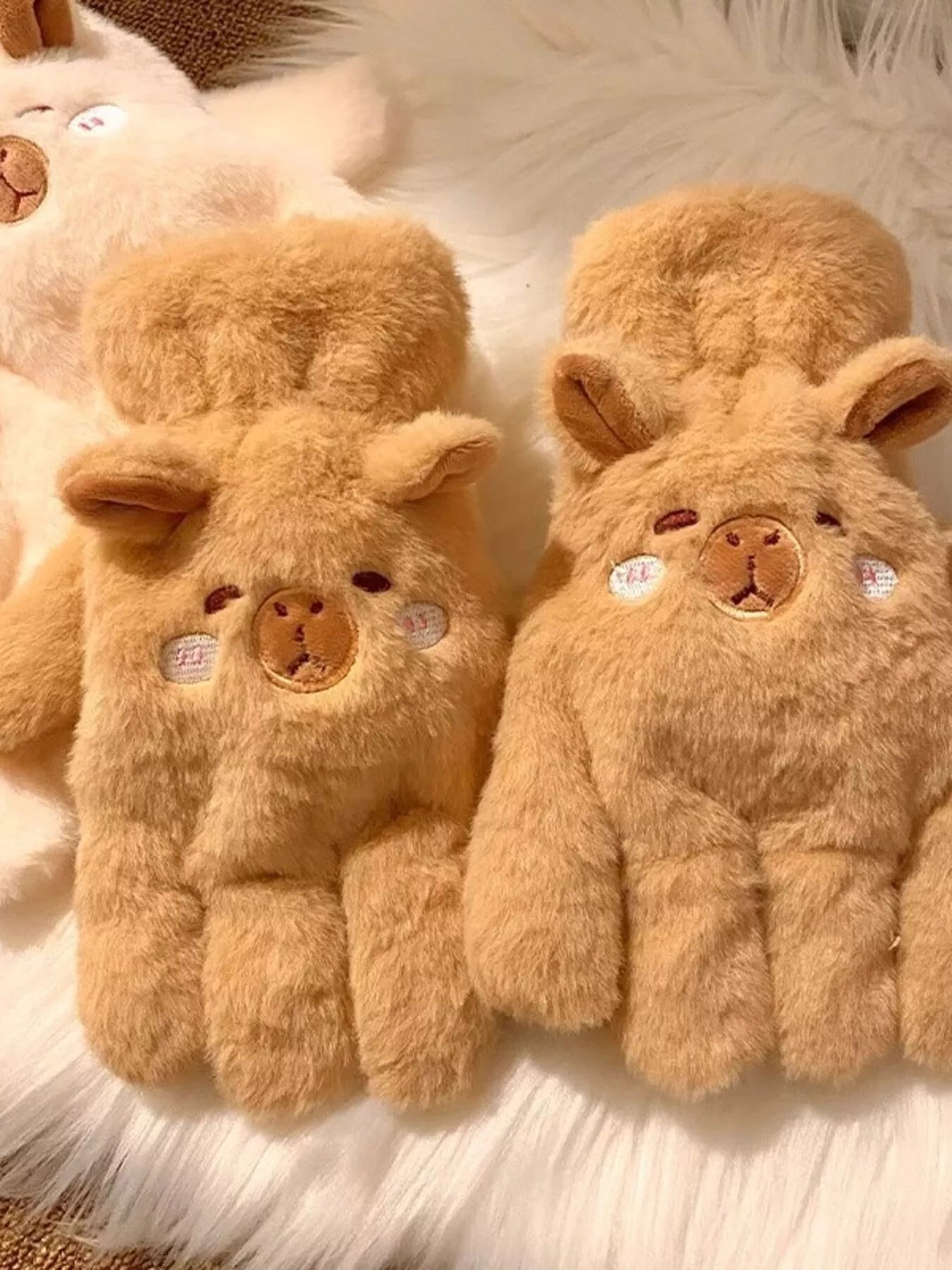 Cartoon Animal Plush Gloves - Khaki One Size