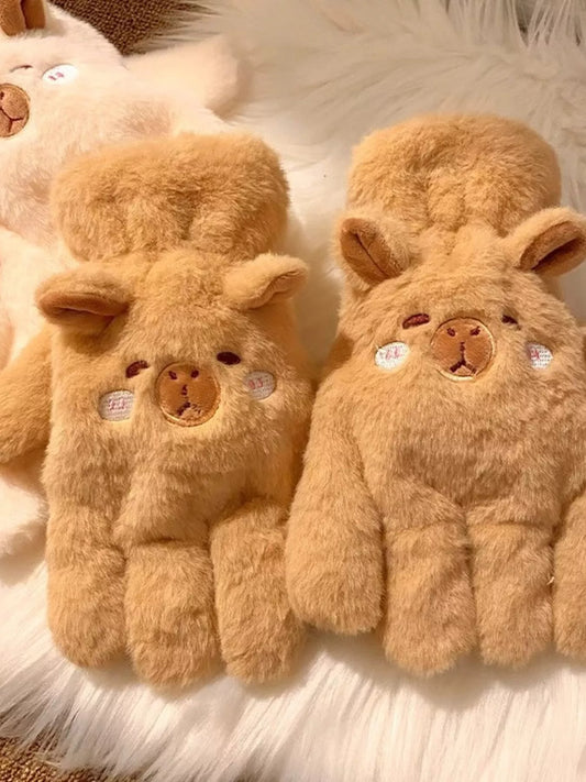 Cartoon Animal Plush Gloves - Khaki One Size