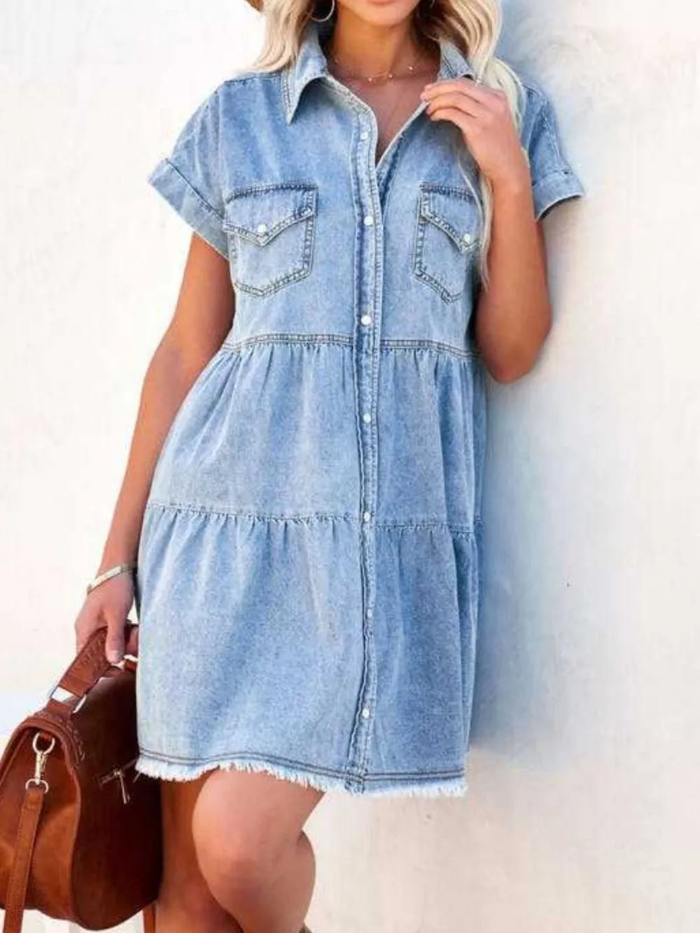 Raw Hem Short Sleeve Denim Dress -