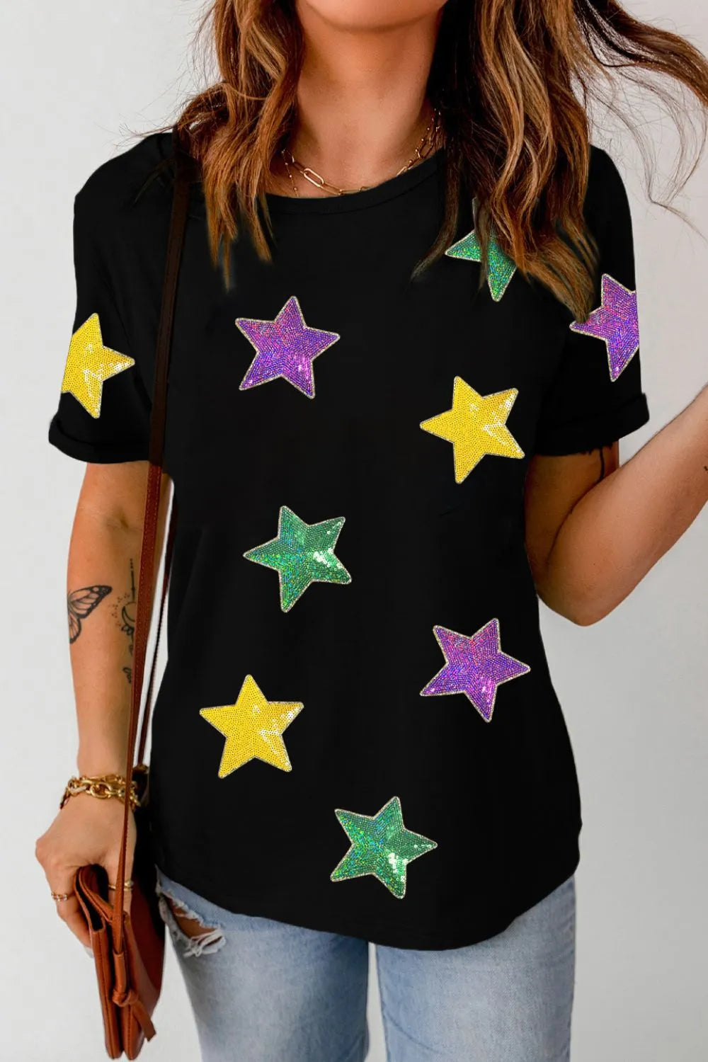Sequin Stars Patched Round Neck T-Shirt -