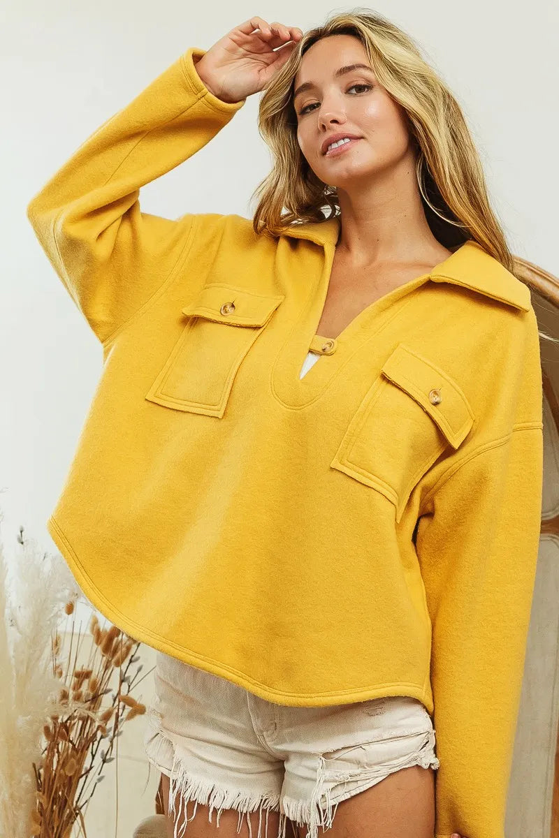 Flap Pockets Fleece Collared Sweatshirt -