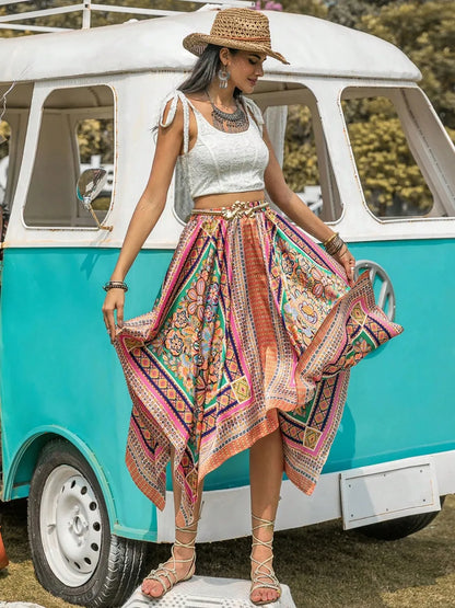 Printed High Waist Handkerchief Hem Skirt -